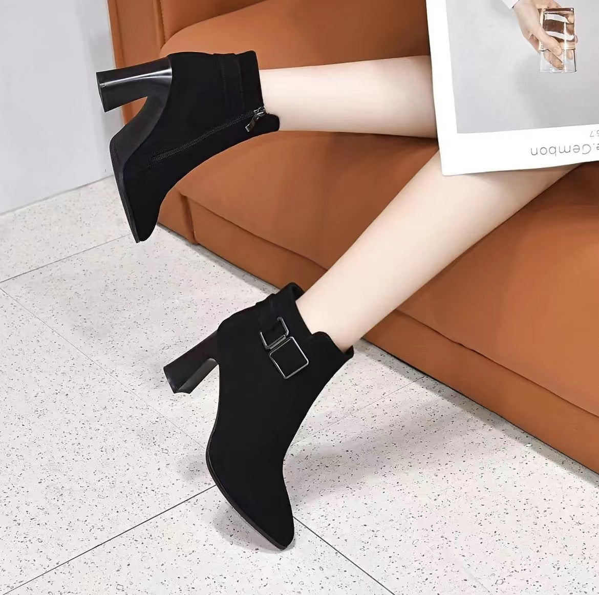 Women's High Chunky Pointed Toe Mid Cotton Boots
