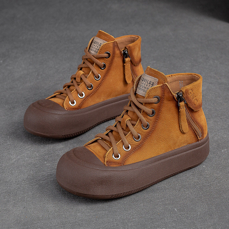 Women's Shu Side Zipper Thin First Layer Cowhide Platform Round Casual Shoes