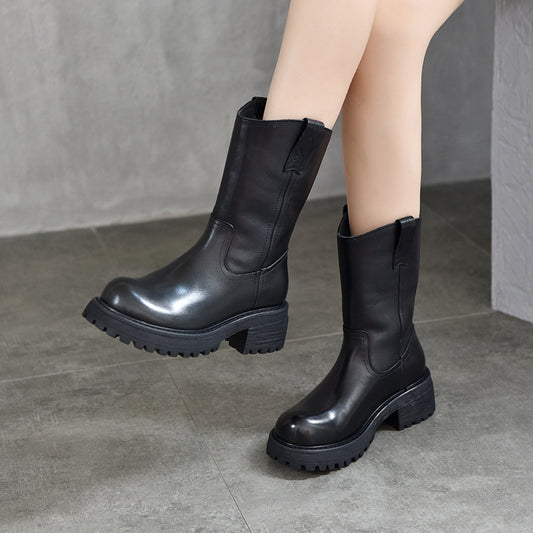 Women's Layer Cowhide Middle Tube British Wild Boots