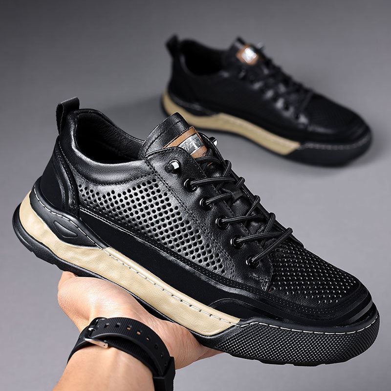 Men's Summer Hollow Breathable Genuine Cowhide Green Sneakers