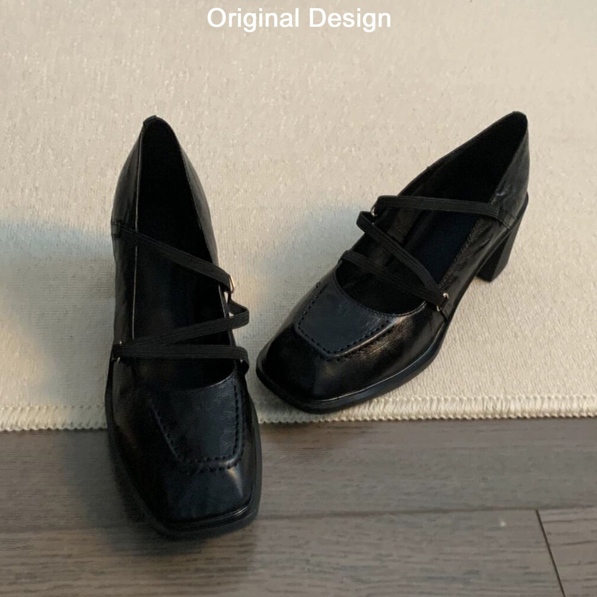 Women's Cowhide Version Retro Commuter Genuine Black Chunky Mary Jane Beautiful Heels