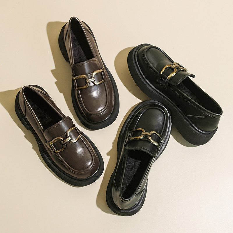 First Layer Cowhide Platform Authentic Female Winter Veet Loafers