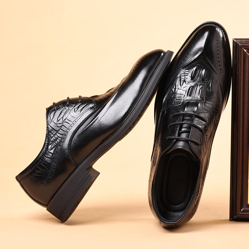 Men's Top Layer Cowhide British Style Genuine Brogue Crocodile Pattern Formal Men's Shoes