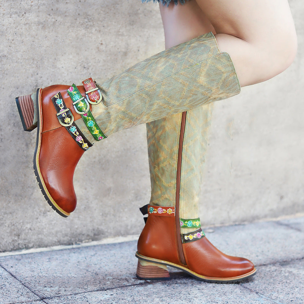 Women's Handmade Genuine Brushed British Retro Patchwork Belt Boots