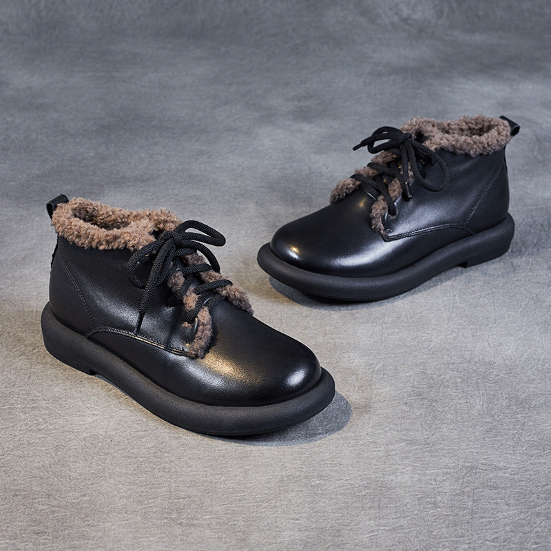 Women's First Layer Cowhide Winter Vintage Fleece-lined Women's Shoes