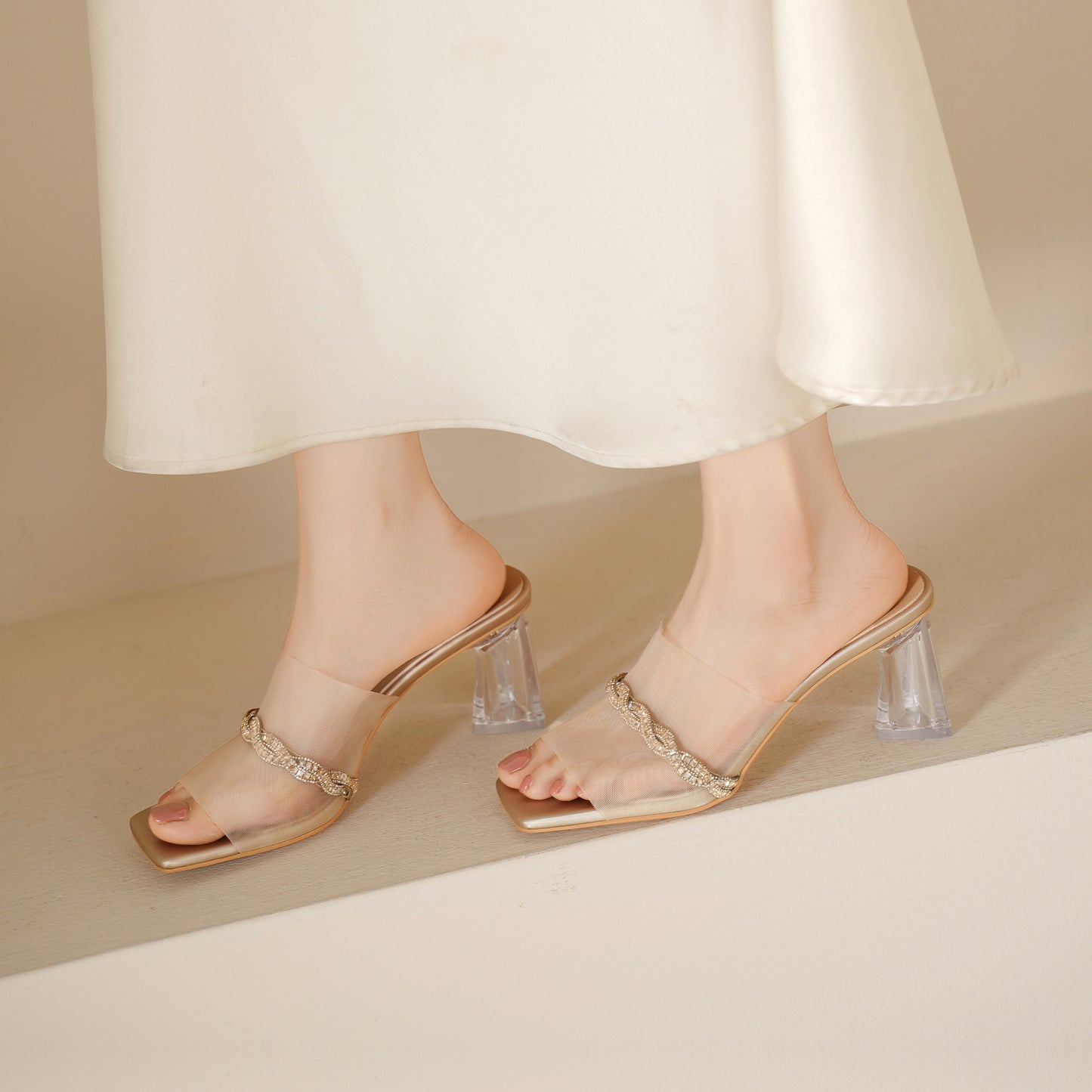 Women's Summer Open Toe Chunky High Rhinestone Heels
