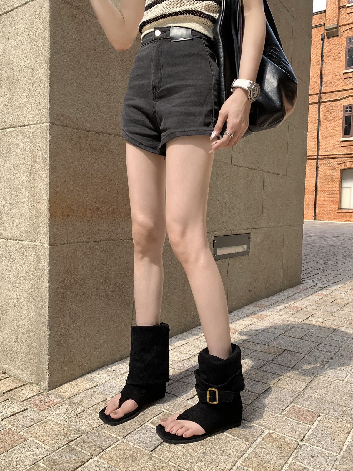 Style Open Toe Slimming Pile Middle Sandals