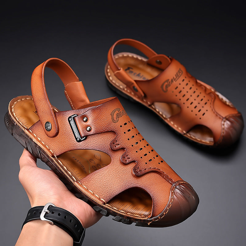 Men's Cowhide Closed Toe Two-way Breathable Genuine Beach Sandals