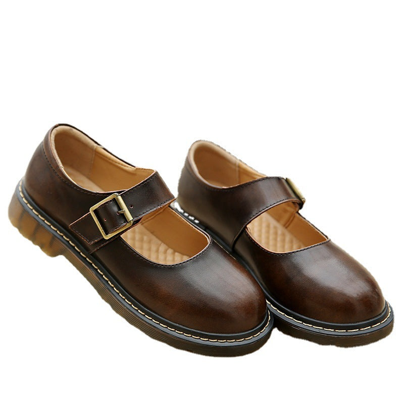 Women's Summer Thin College Style Buckle Mary Leather Shoes