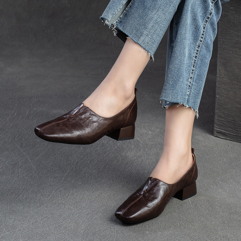 Women's French Square Head Small Chunky Pumps Loafers