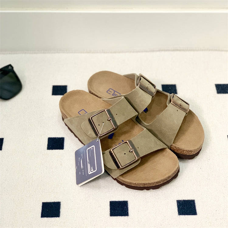 Women's & Men's Summer Cowhide Cork Two-word Platform Outerwear Slippers