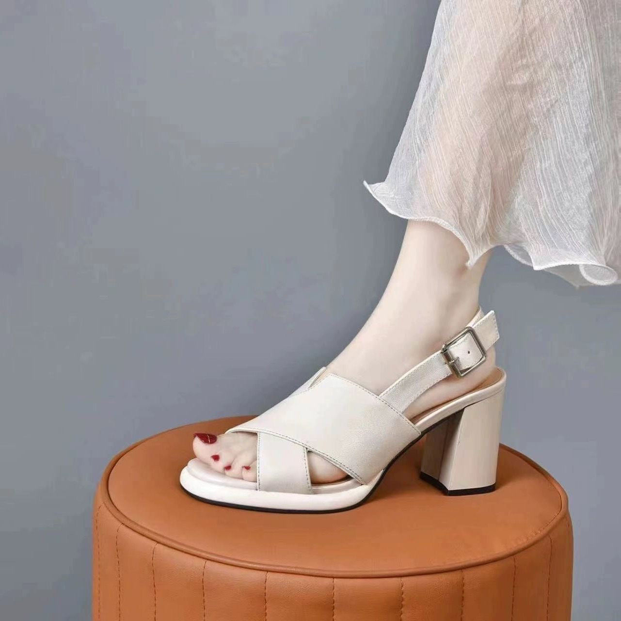 Women's Cowhide High Summer Small Thick-soled Peep Heels