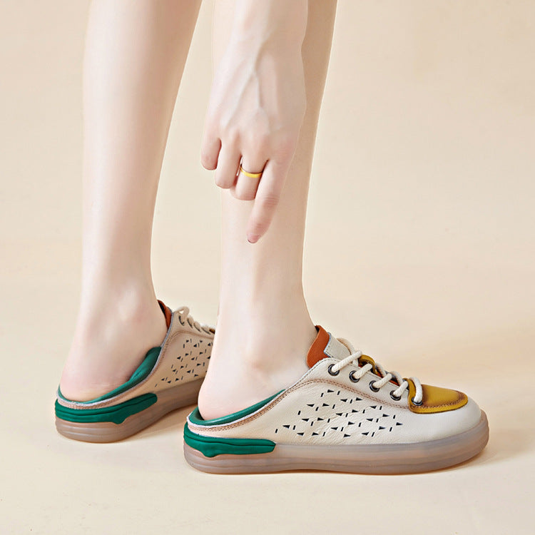 Women's Hole Top Layer Cowhide Soft Bottom Surface Flat Casual Shoes
