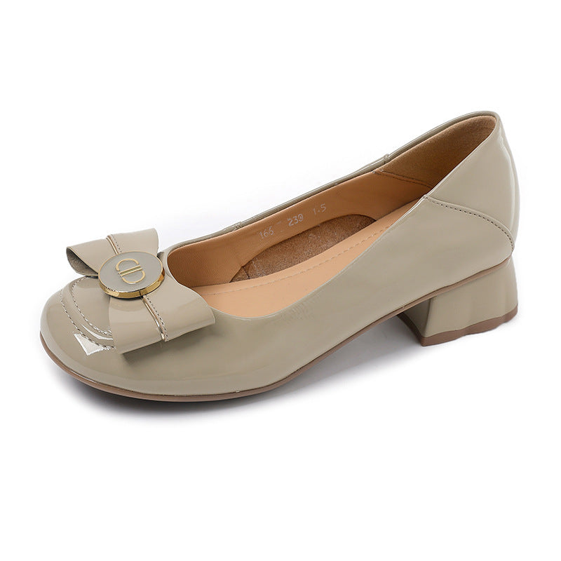 Women's Toe Shallow Mouth Mid Patent Cowhide Comfortable Loafers