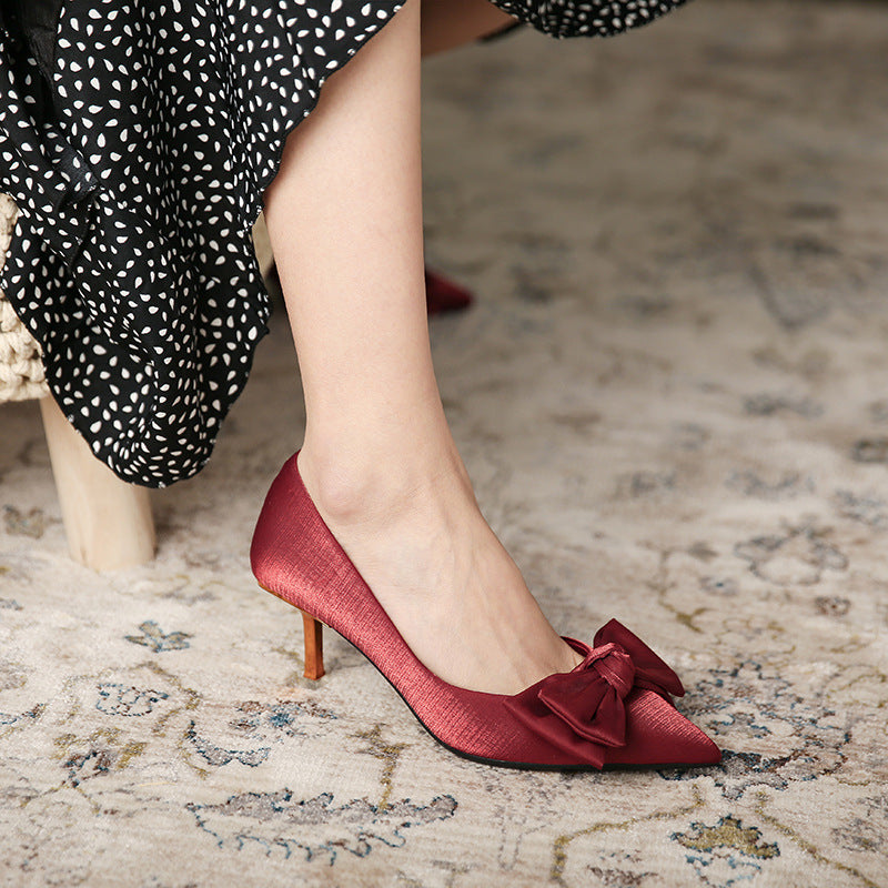 Women's Red Wedding Pointed Toe Stilettos Bow Shallow Heels