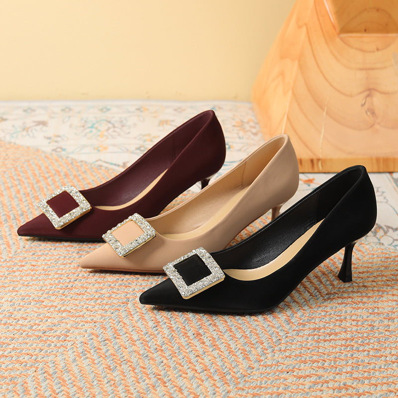Women's Rhinestone Square Buckle High Pointed Stiletto Women's Shoes