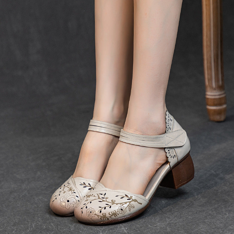 Women's Summer First Layer Cowhide Thick Mid Retro Chinese Heels