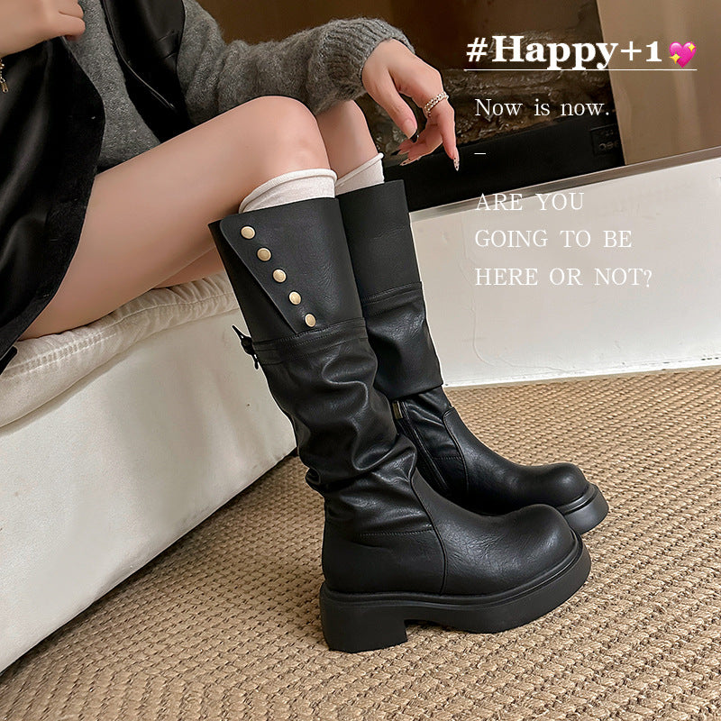 Wind Pleated Pile Style Two-way Foldable Chunky Boots