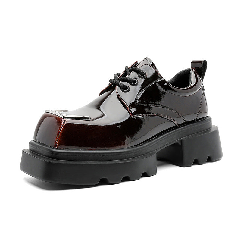 Men's Spring Muffin Bottom Platform Square Head Derby British Style Retro Men's Casual Leather Shoes