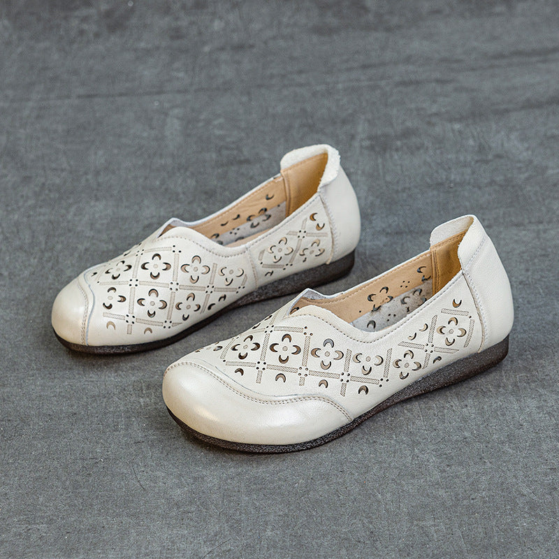 Women's & Men's Layer Cowhide Hollow Retro Flat-heeled Soft Bottom Slip-on Casual Shoes