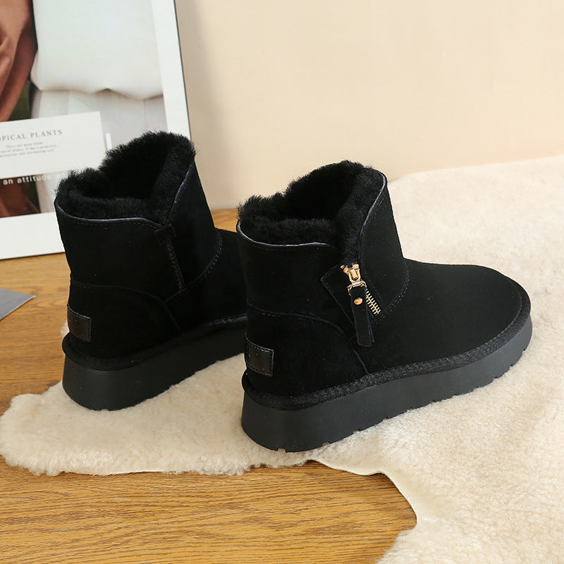 Women's Fur Genuine Wool Side Zipper Fleece Snow Boots