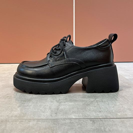 Women's British Style Chunky Platform First Layer Cowhide Loafers