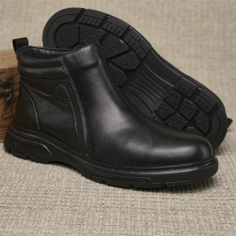Men's Wool Fur Integrated Winter Fleece-lined Warm Genuine First Leather Shoes