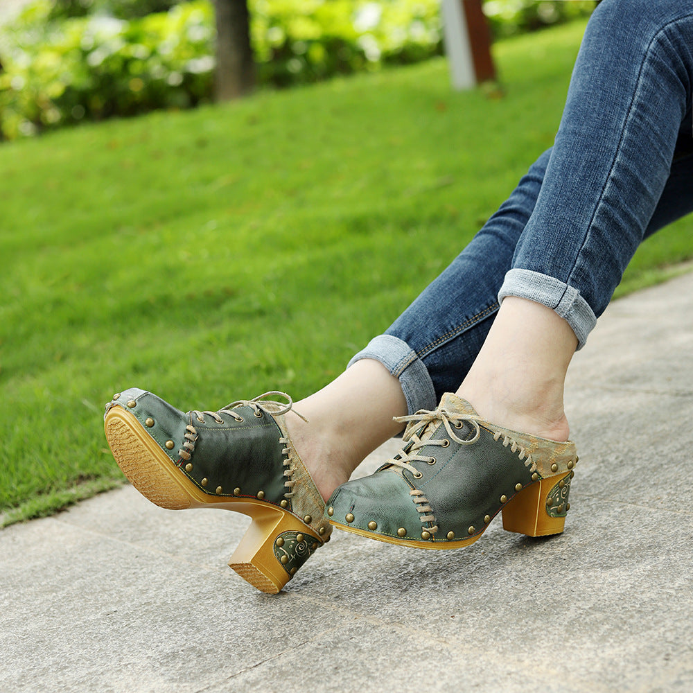 Genuine Hand-rub Color Retro Street Style Rivet Heels