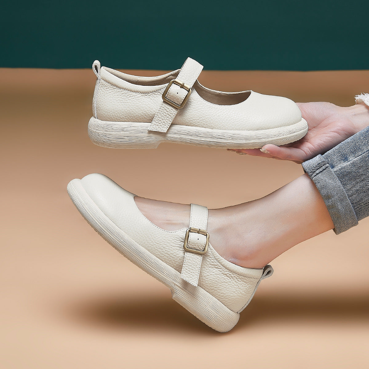 Women's With Round Head British Pumps Color Leather Shoes