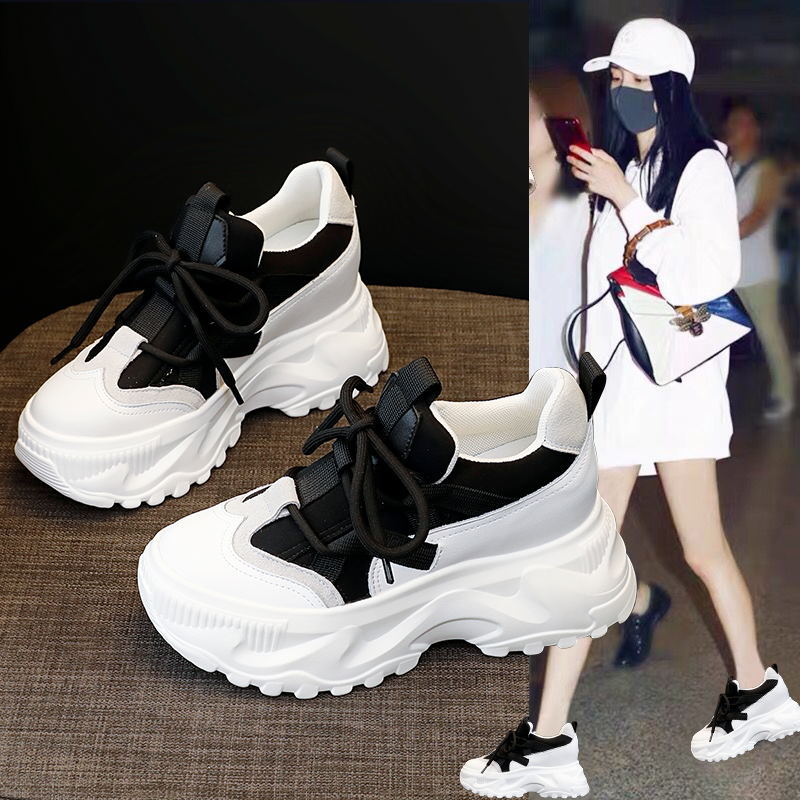 Women's White Height Increasing Insole Fleece-lined Korean Sneakers