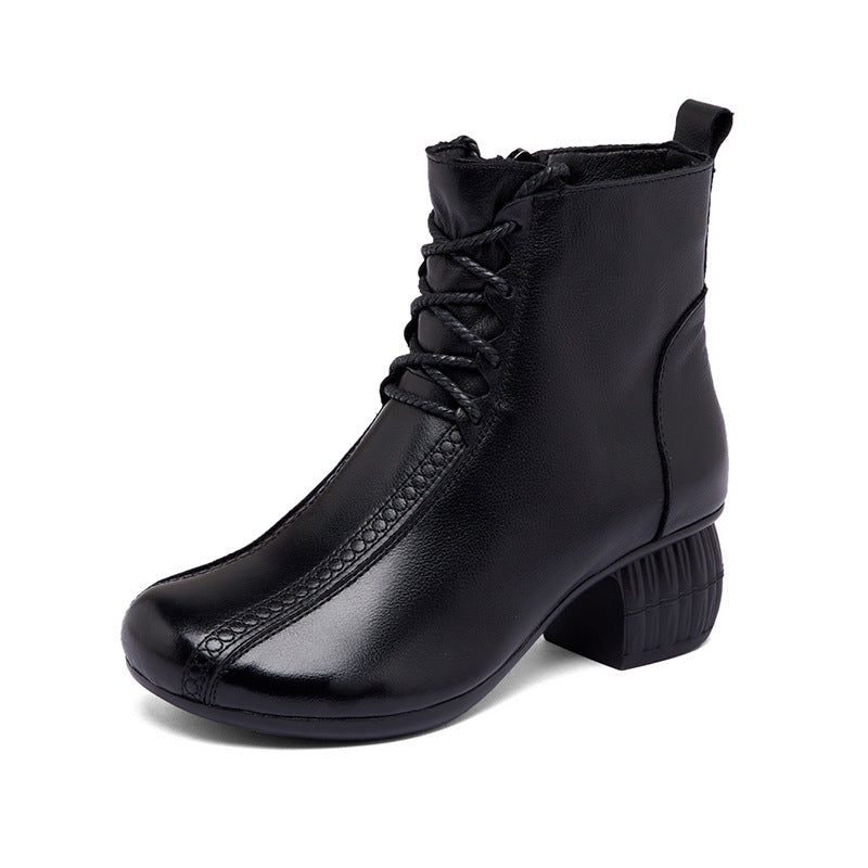Women's Thick Fleece-lined Short Top Layer Cowhide Round Heels