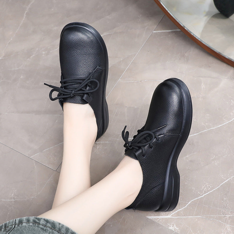 Women's Spring Comfortable Soft Sheepskin Chinese Style Bottom Lace Up Round Women's Casual Shoes