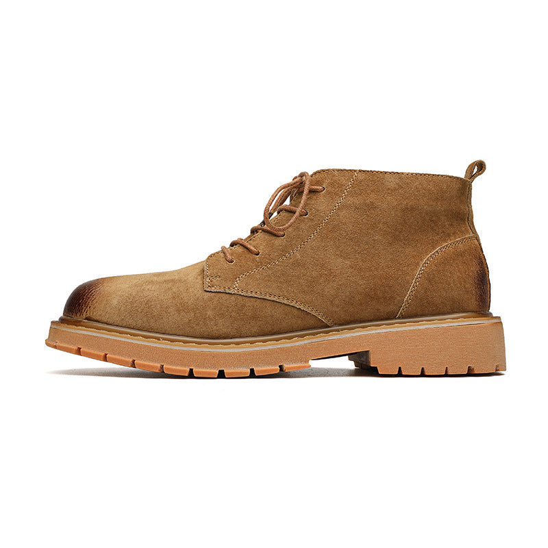 Men's Green Round Head Pigskin Thick Bottom Fashion Boots