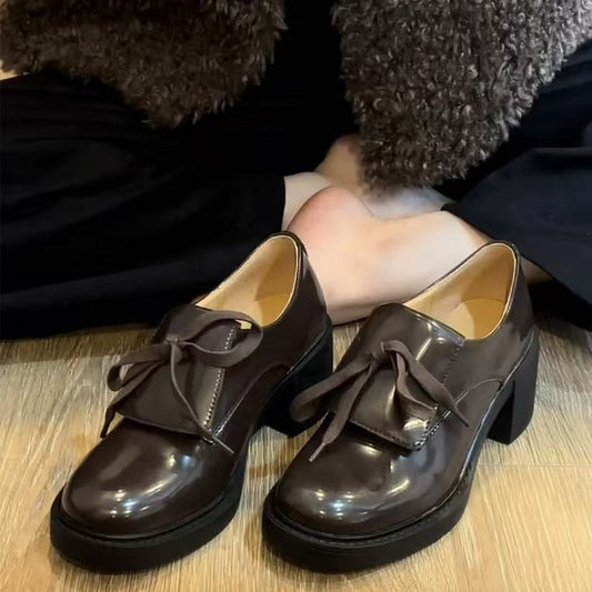 Women's Version Chunky Platform Mute Small Spring Retro Lace Loafers
