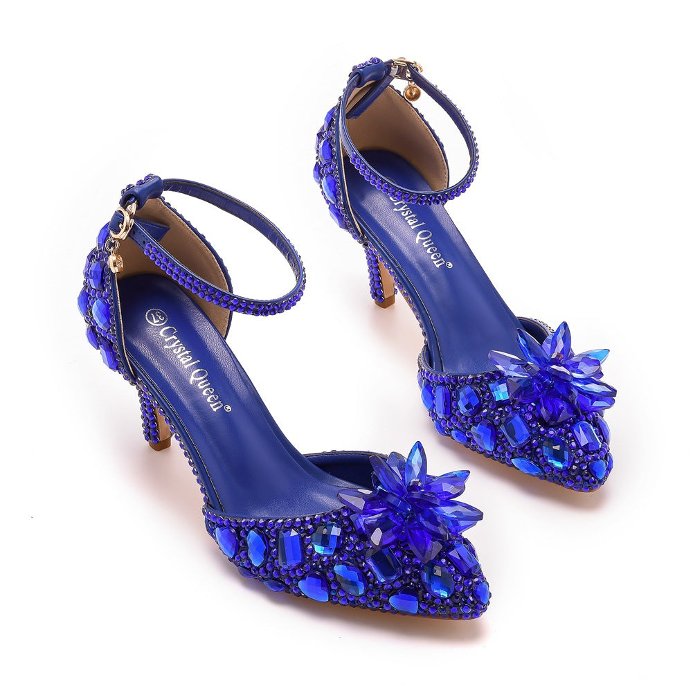 Women's Stiletto Pointed Glass Flower High Champagne Gold Heels