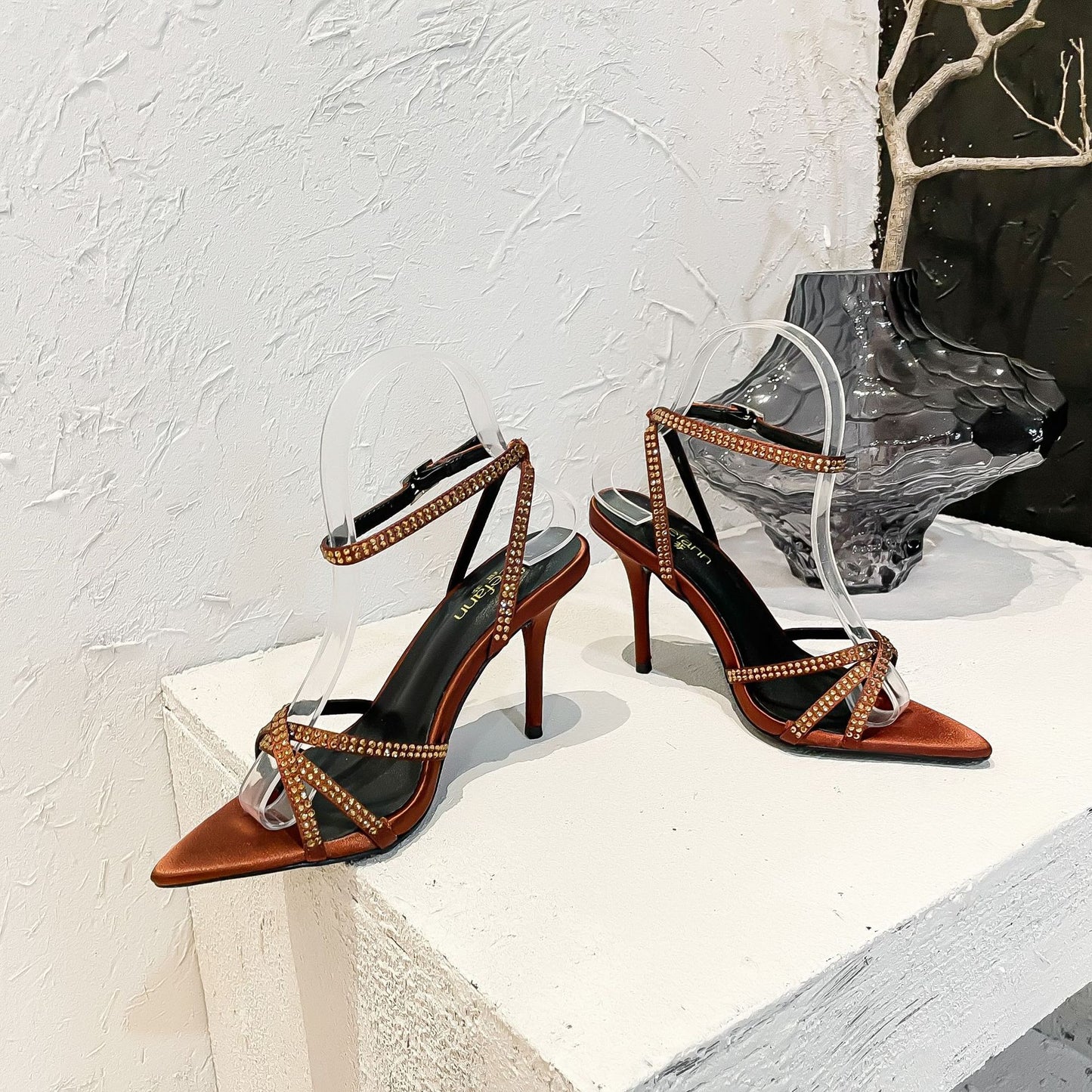 Women's Rhinestone Brown Stiletto Sexy Satin Open Toe Heels