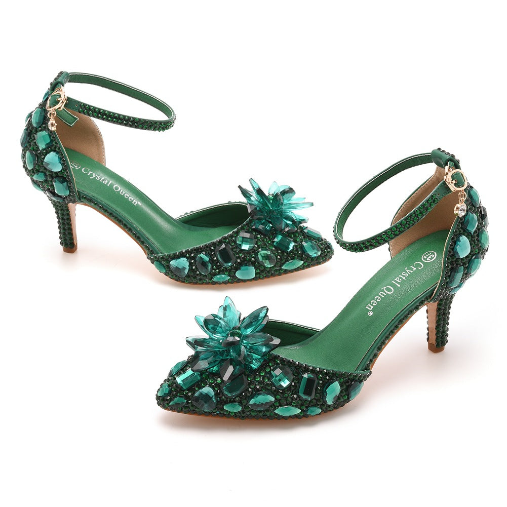 Women's Plus Size Stiletto Pointed Crystal Glass Flower High Champagne Heels