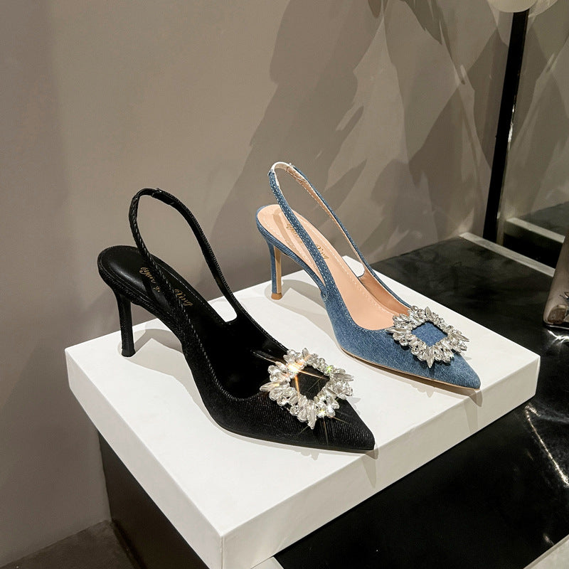 Pointed Toe Slingback Closed Rhinestone Square Buckle Heels