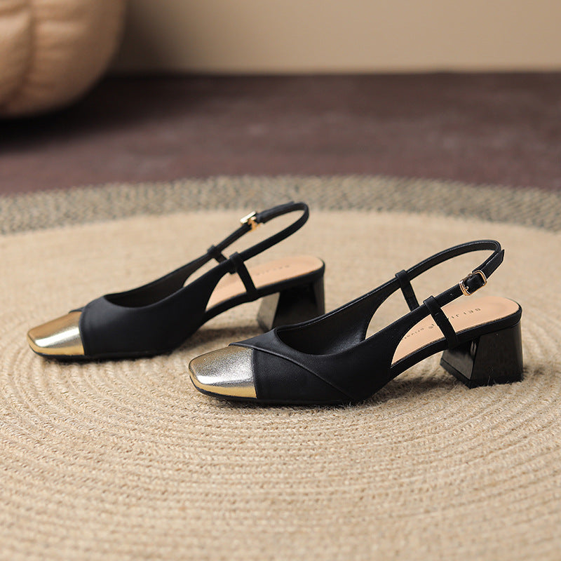 Women's Toe Chunky Square Sheepskin Mid Color Heels