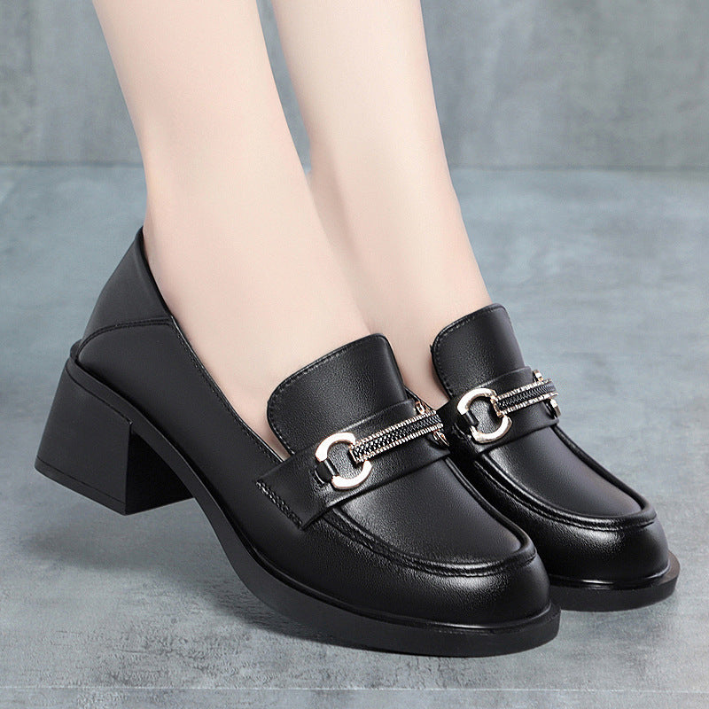 Soft Bottom Mid Mom British Style Slip-on Black Single-layered Women's Fashion Shoes