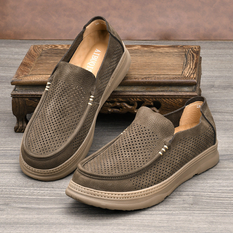 Men's Surface Hollowed First Layer Cowhide Round Toe Perforated Casual Shoes