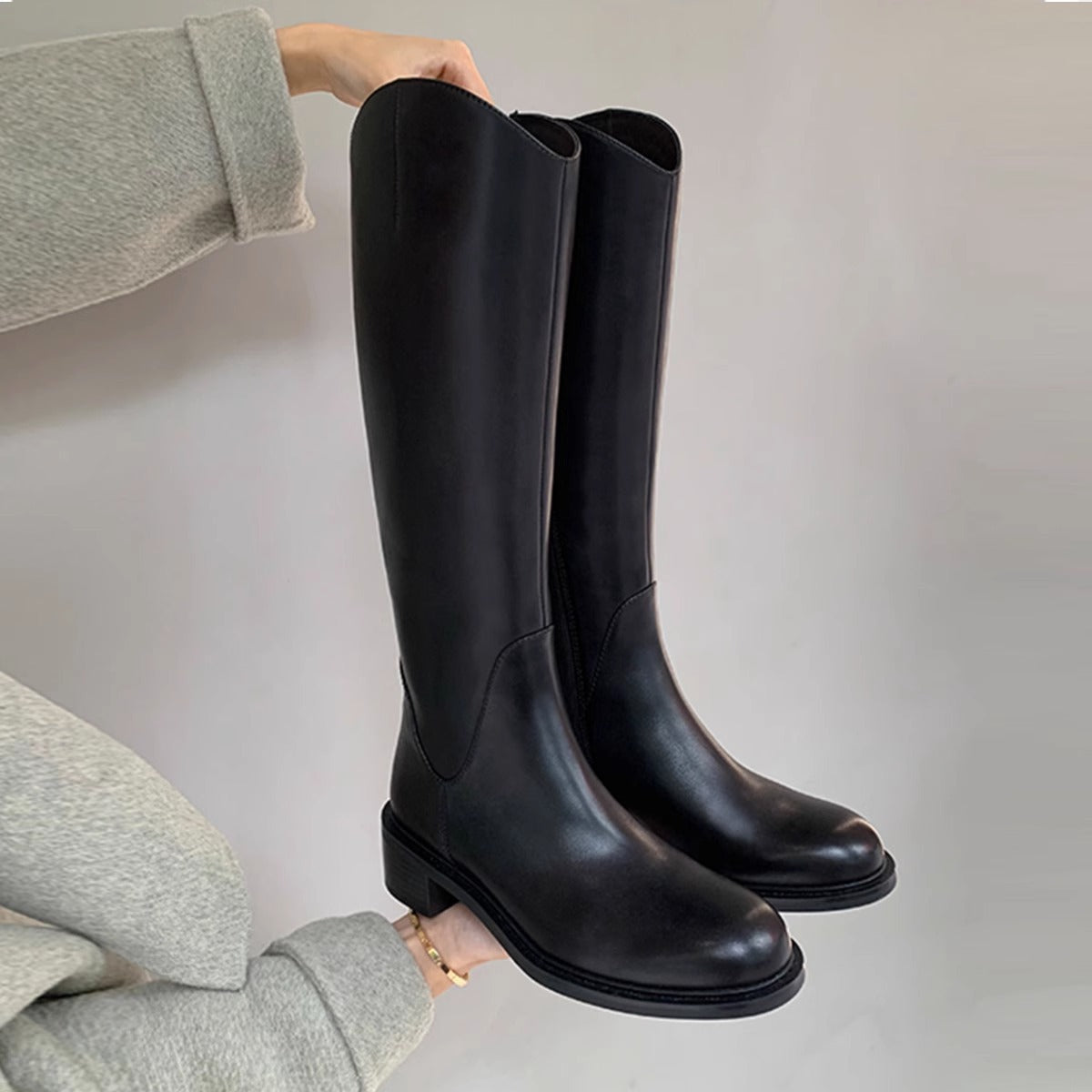 Women's Cut Thick Bottom Fleece-lined Chunky Tube Long Boots