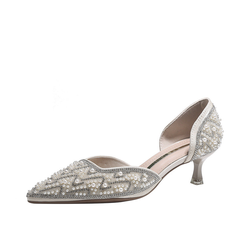 French Style Bright Crystal Pearl Wedding Bridesmaid High Pointed Toe Women's Fashion Shoes