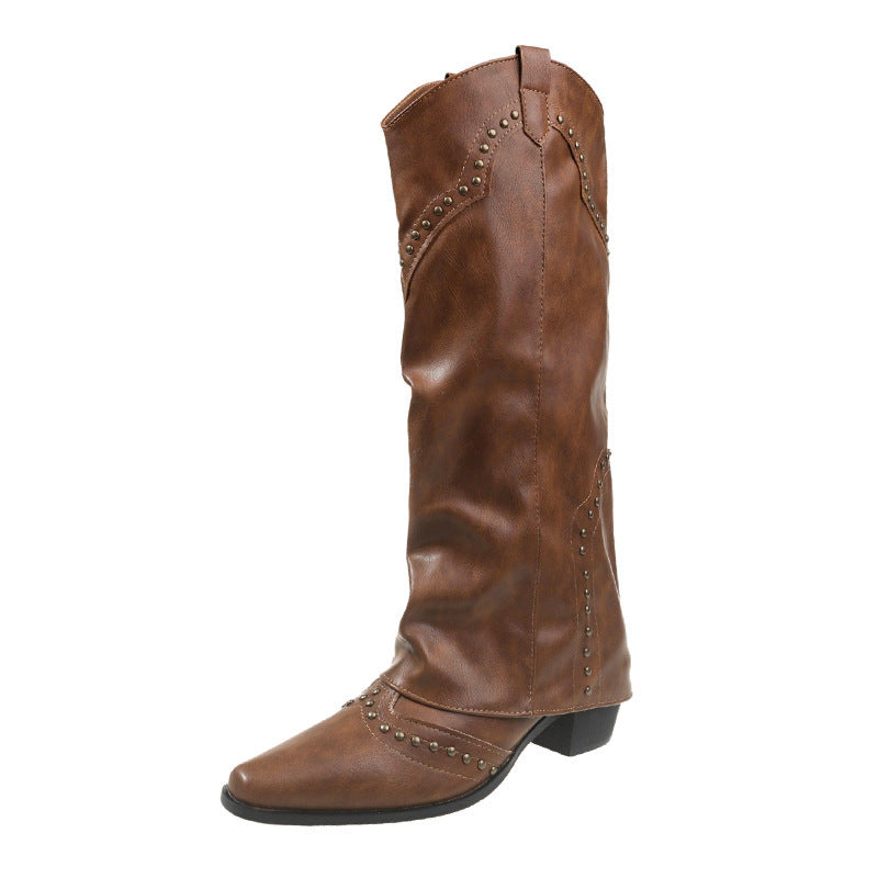 Retro Rivet High Pants French Style Female Versatile Western Boots