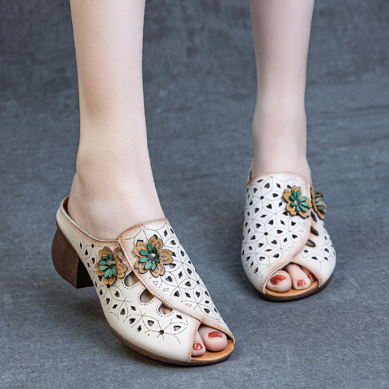 Women's Chunky Top Layer Cowhide Ethnic Style Heels