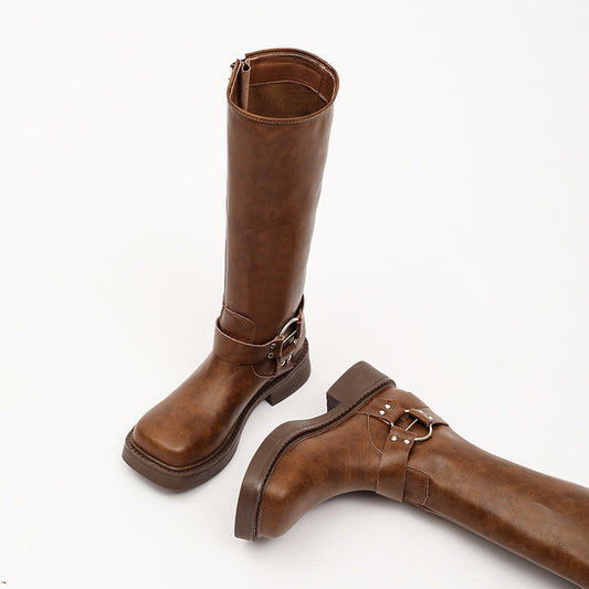 Women's High Metal Belt Buckle Square Head Boots