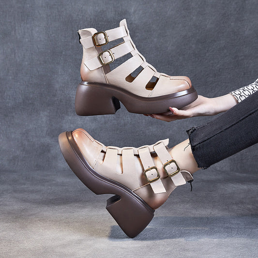 Women's Cowhide Summer Vintage Brogue Roman Subnet Sandals