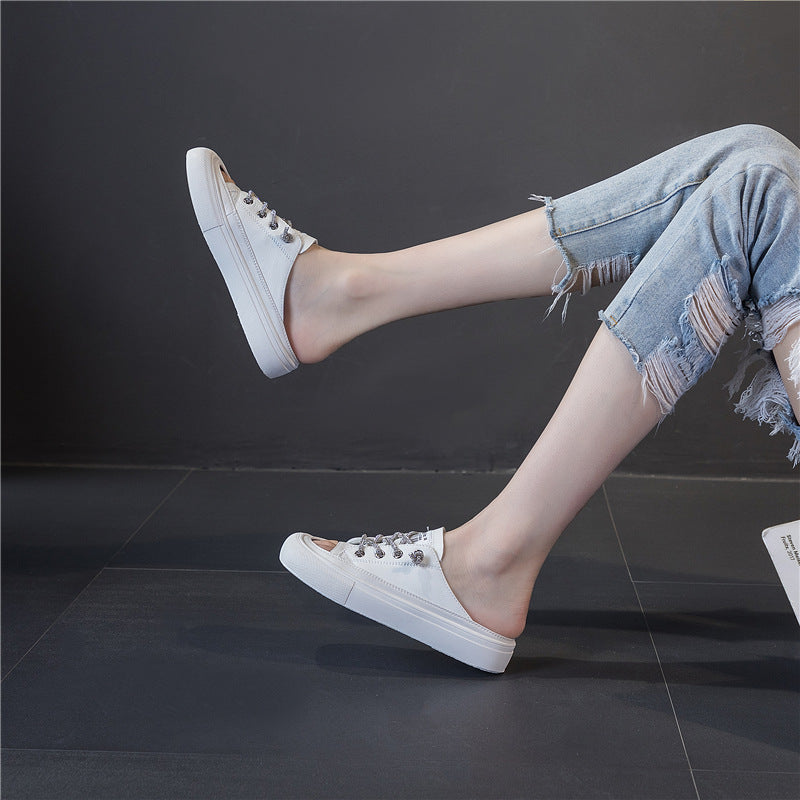 Women's Summer White Toe Cap Cowhide Flat Sandals