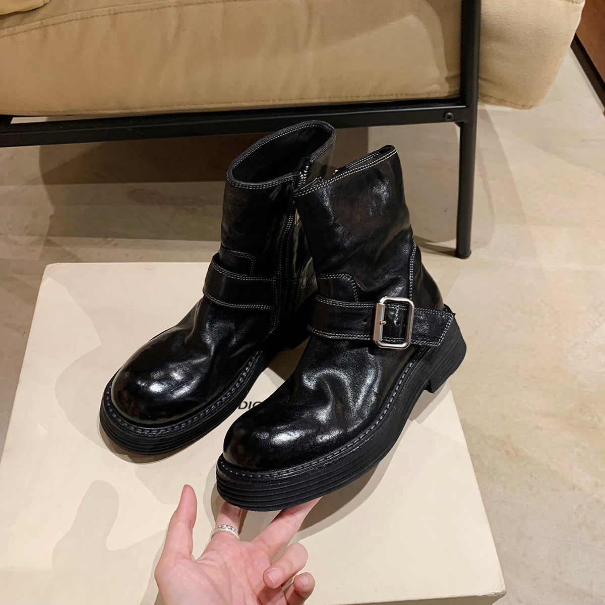 Women's Washed Horse Round Head Chunky Motorcycle Boots