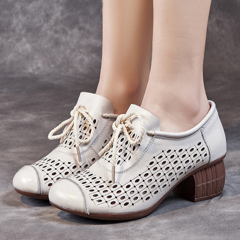 Women's Hollow Breathable First Layer Cowhide High Soft Heels